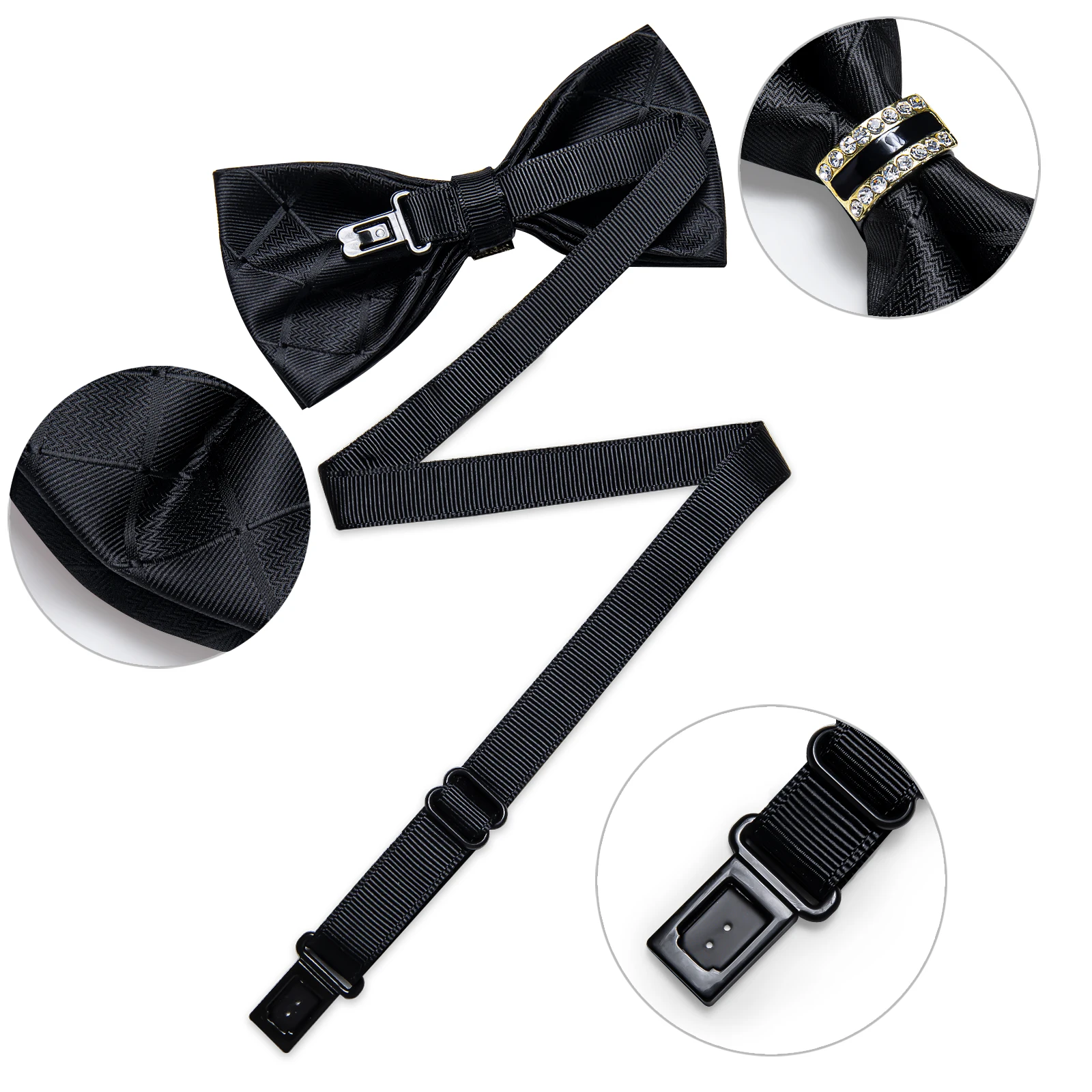 noeud papillon pré attaché noir uni avec demi anneau en diamant, ensemble de boutons de manchette carrés de poche à la mode, fête d'affaires, nœud papillon de luxe pour hommes noeud papillon pré attaché noir uni avec demi anneau en diamant, ensemble de boutons de manchette carrés de poche à la mode, fête d'affaires, nœud papillon de luxe pour hommes