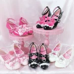 Ji Love – sandales à talons hauts pour femmes, chaussures originales japonaises, Spice Girl, saveur ancienne, pantoufles en dentelle avec nœud en perles, Lolita Love