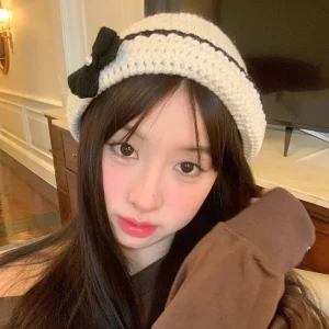 Chapeau tricoté à fleurs au Crochet de Style coréen, ajouré, fait à la main, bonnet tissé à fleurs, mignon et chaud, avec nœud papillon, pour filles