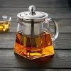 Théière en verre résistant à la chaleur avec infuseur à café en acier inoxydable, récipient chauffant, théière, bonne bouilloire transparente, paniers filtrants carrés