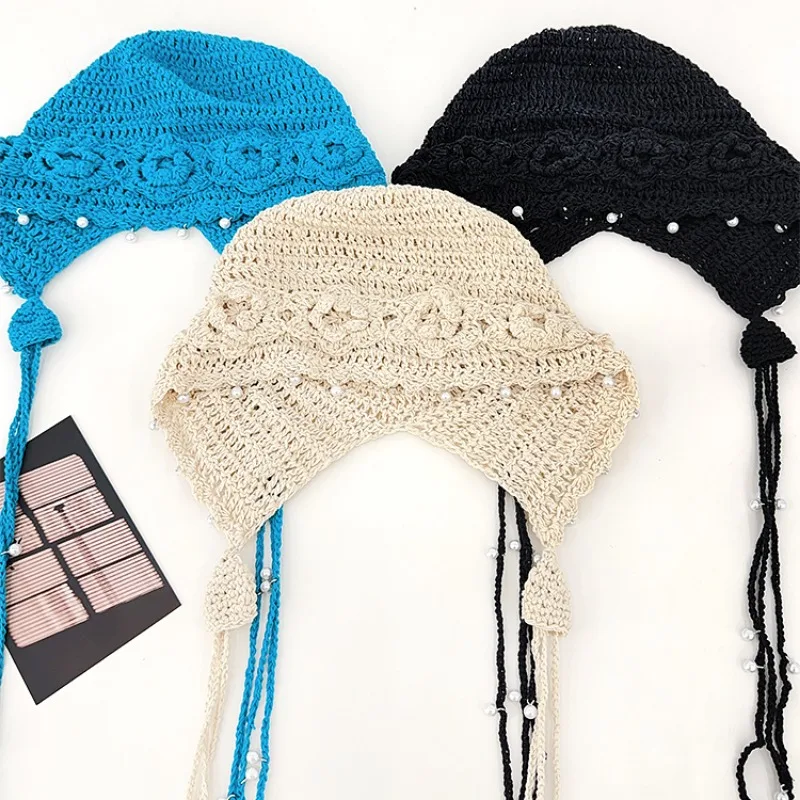 chapeau tricoté avec pendentif en perles coréennes pour femmes, chapeau fin et creux, tresse à franges, à lacets, grande tête, pull au crochet, printemps et été chapeau tricoté avec pendentif en perles coréennes pour femmes, chapeau fin et creux, tresse à franges, à lacets, grande tête, pull au crochet, printemps et été