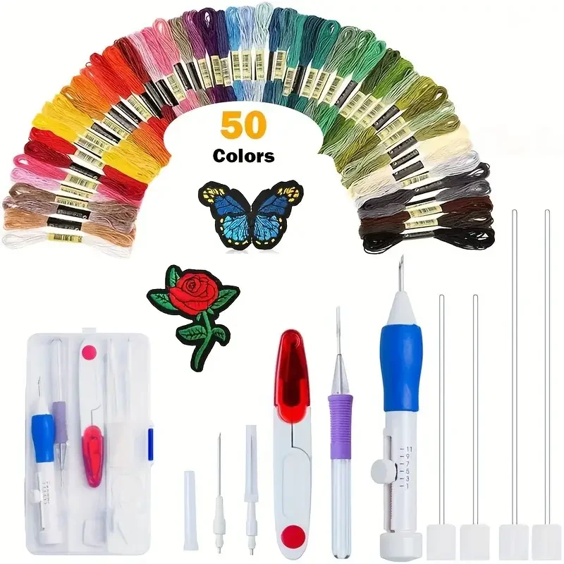 Kit de broderie pour adultes débutants-Kits de broderie à aiguilles à poinçonner Kit de couture de fil 50 couleurs Kit de broderie pour adultes débutants-Kits de broderie à aiguilles à poinçonner Kit de couture de fil 50 couleurs