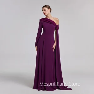 Robe de soirée violette personnalisée, asymétrique épaule dénudée, manches longues, longueur au sol, ligne A, robes de bal formelles, robes de fête de mariage Robe de soirée violette personnalisée, asymétrique épaule dénudée, manches longues, longueur au sol, ligne A, robes de bal formelles, robes de fête de mariage