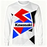 Chemise blanche à manches longues avec formes géométriques colorées et motif logo Kawasaki