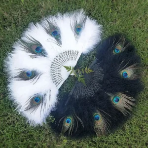 Avec gland paon plume ventilateur Portable pliant main ventilateur doux épais plumes poignée creuse plume danse ventilateur mariage