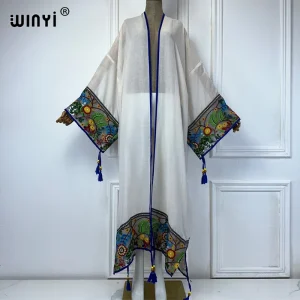 WINYI-Kimono long brodé pour femmes, vêtements de plage, abaya musulmane, dubaï, caftan de luxe, moyen-orient, été WINYI-Kimono long brodé pour femmes, vêtements de plage, abaya musulmane, dubaï, caftan de luxe, moyen-orient, été