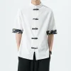 chemise kimono japonaise pour hommes, rétro chinois, imprimé décontracté, coton et lin, couture, hauts à manches courtes, haut d'été de qualité, streetwear pour hommes