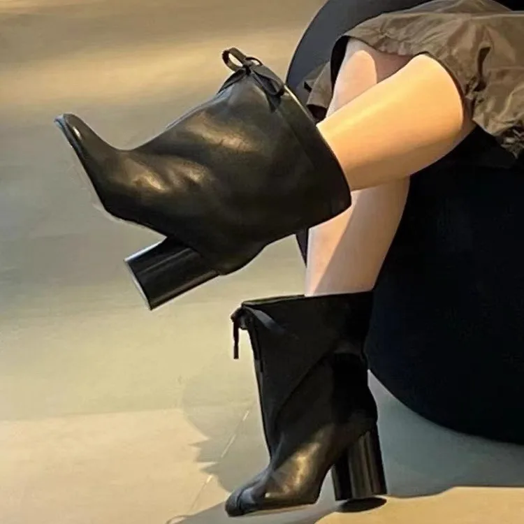 tabi – bottes à bout fendu pour femme, avec cordon de serrage, talons hauts noués, sabot de mouton, sabot de cochon, à la mode, bout rond, talon épais, été et hiver tabi – bottes à bout fendu pour femme, avec cordon de serrage, talons hauts noués, sabot de mouton, sabot de cochon, à la mode, bout rond, talon épais, été et hiver