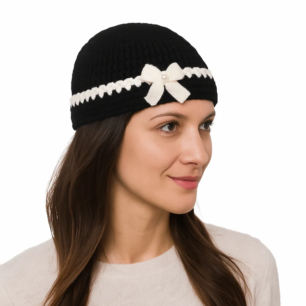 chapeau tricoté à fleurs au crochet de style coréen, ajouré, fait à la main, bonnet tissé à fleurs, mignon et chaud, avec nœud papillon, pour filles chapeau tricoté à fleurs au crochet de style coréen, ajouré, fait à la main, bonnet tissé à fleurs, mignon et chaud, avec nœud papillon, pour filles