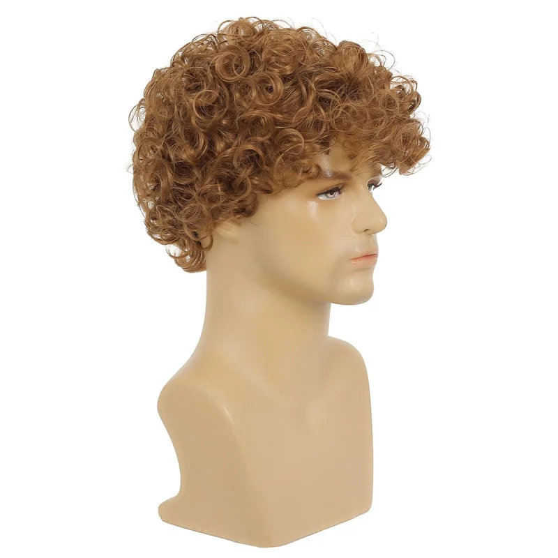 perruque courte bouclée pour hommes, brun clair, cheveux synthétiques, à utiliser pour halloween, cosplay, costume, style disco pour hommes perruque courte bouclée pour hommes, brun clair, cheveux synthétiques, à utiliser pour halloween, cosplay, costume, style disco pour hommes