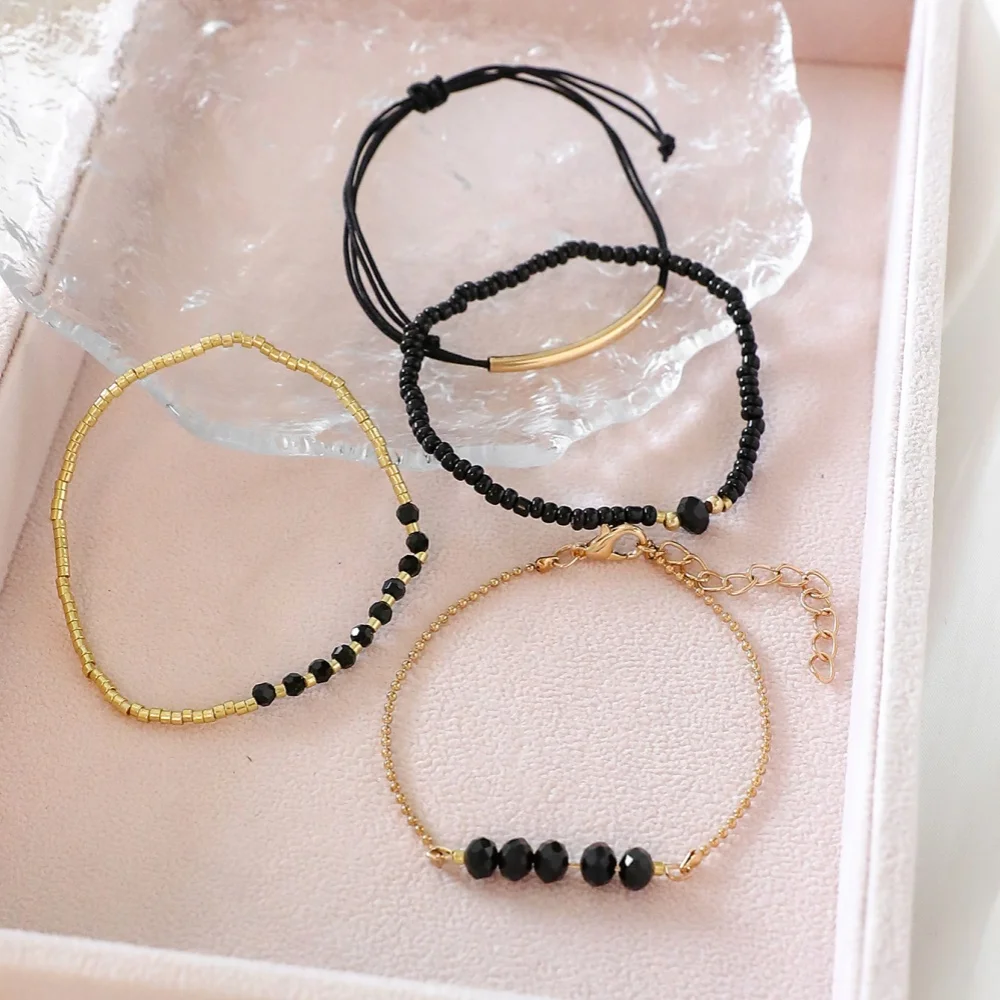 bracelets en pierre de verre noir pour femmes, accessoires de bijoux boho faits à la main, 4 pièces/ensemble bracelets en pierre de verre noir pour femmes, accessoires de bijoux boho faits à la main, 4 pièces/ensemble