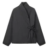 hh nouvelle femme hiver polyvalent couleur unie manches longues à lacets décoration style kimono coton veste femme mode manteau décontracté