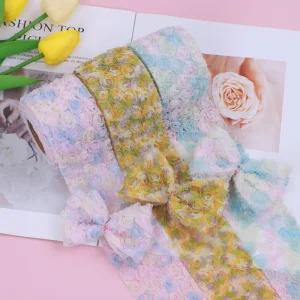 Tissu en dentelle colorée pour la couture, fleur de Rose en mousseline de soie 3D, tissu de ruban de garniture brodé, décoration de mariage et de fête d&rsquo;anniversaire DIY