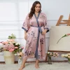 robe kimono longue surdimensionnée pour femmes, peignoir en satin imprimé, col en v, ample, chemise de nuit avec ceinture, rayonne, vêtements de détente