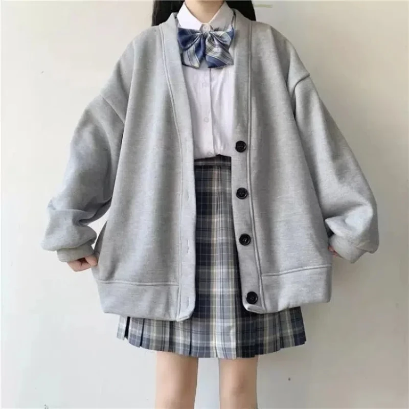vestes cardigan de style preppy japonais pour femmes, col en v, poches solides, bouton, mode preppy, automne, hiver, nouveau vestes cardigan de style preppy japonais pour femmes, col en v, poches solides, bouton, mode preppy, automne, hiver, nouveau