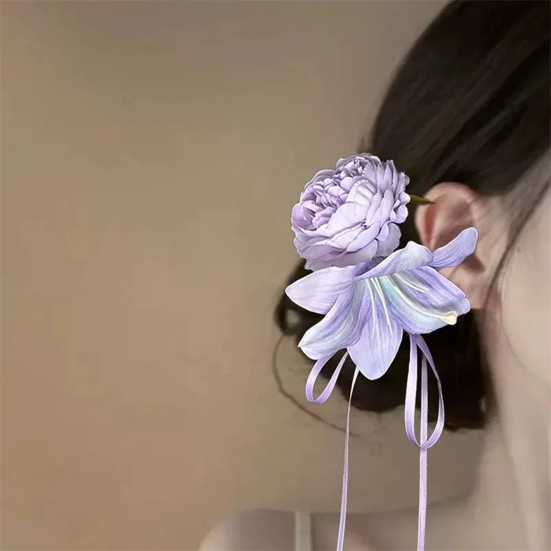 pinces à cheveux à fleurs pour femmes, pâte de taro douce, fleur de super fée violette, longue ruban, épingle à cheveux, style forêt douce, accessoire de tête mignon pinces à cheveux à fleurs pour femmes, pâte de taro douce, fleur de super fée violette, longue ruban, épingle à cheveux, style forêt douce, accessoire de tête mignon