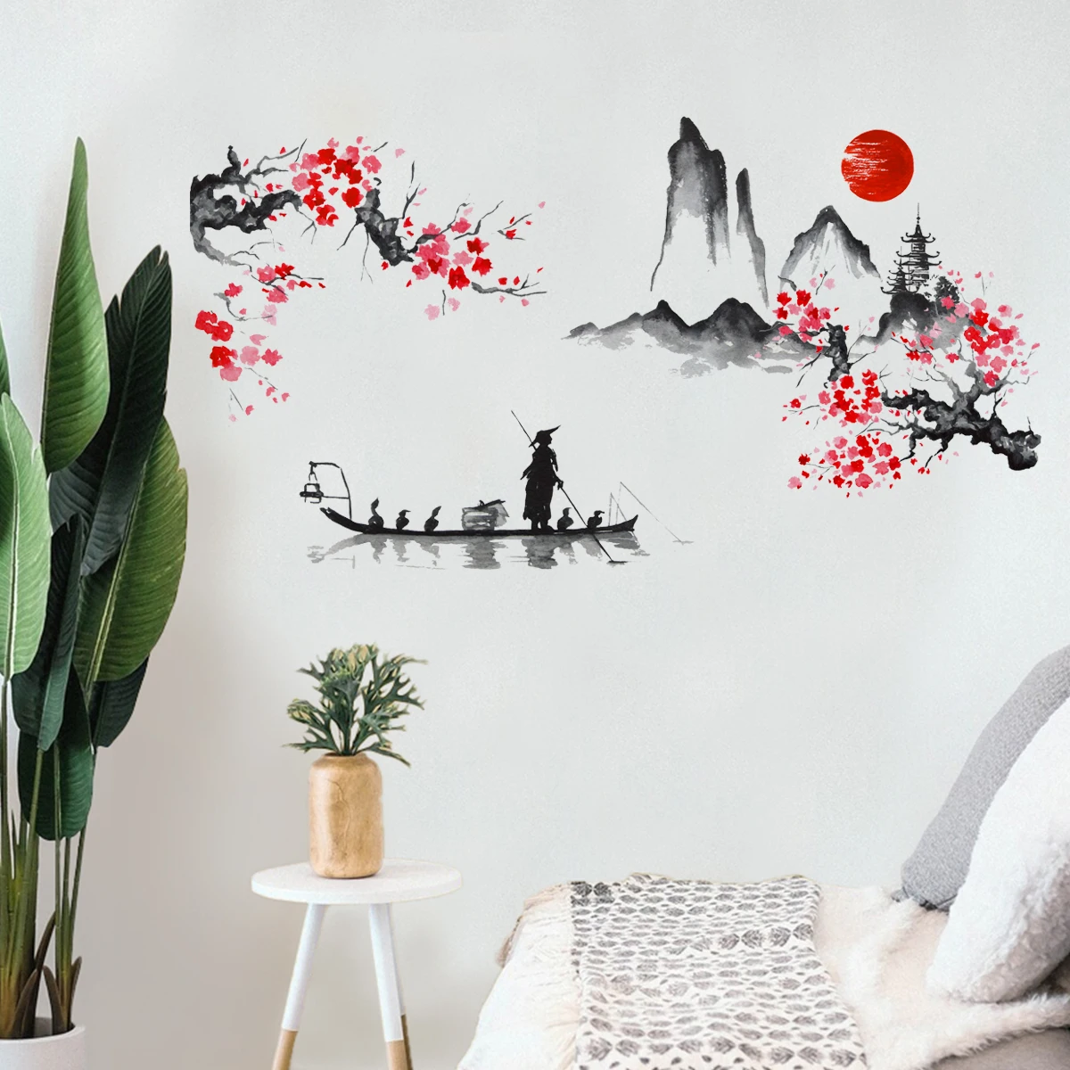 peinture à l'encre japonaise mont fuji soleil rouge fleur de cerisier autocollants muraux pour pvc imperméable salon décoration de la maison peinture à l'encre japonaise mont fuji soleil rouge fleur de cerisier autocollants muraux pour pvc imperméable salon décoration de la maison