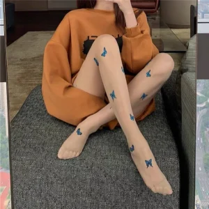 JJK-Bas imprimé papillon bleu pour femme, collants Lolita pour filles, blanc, filé à noyau, doux, mince, nickel é, marée, lait, sexy JJK-Bas imprimé papillon bleu pour femme, collants Lolita pour filles, blanc, filé à noyau, doux, mince, nickel é, marée, lait, sexy