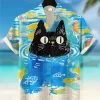 chemise en lin imprimé chat kimono de style japonais pour hommes, col montant à la mode, manches courtes, expédition rapide, été