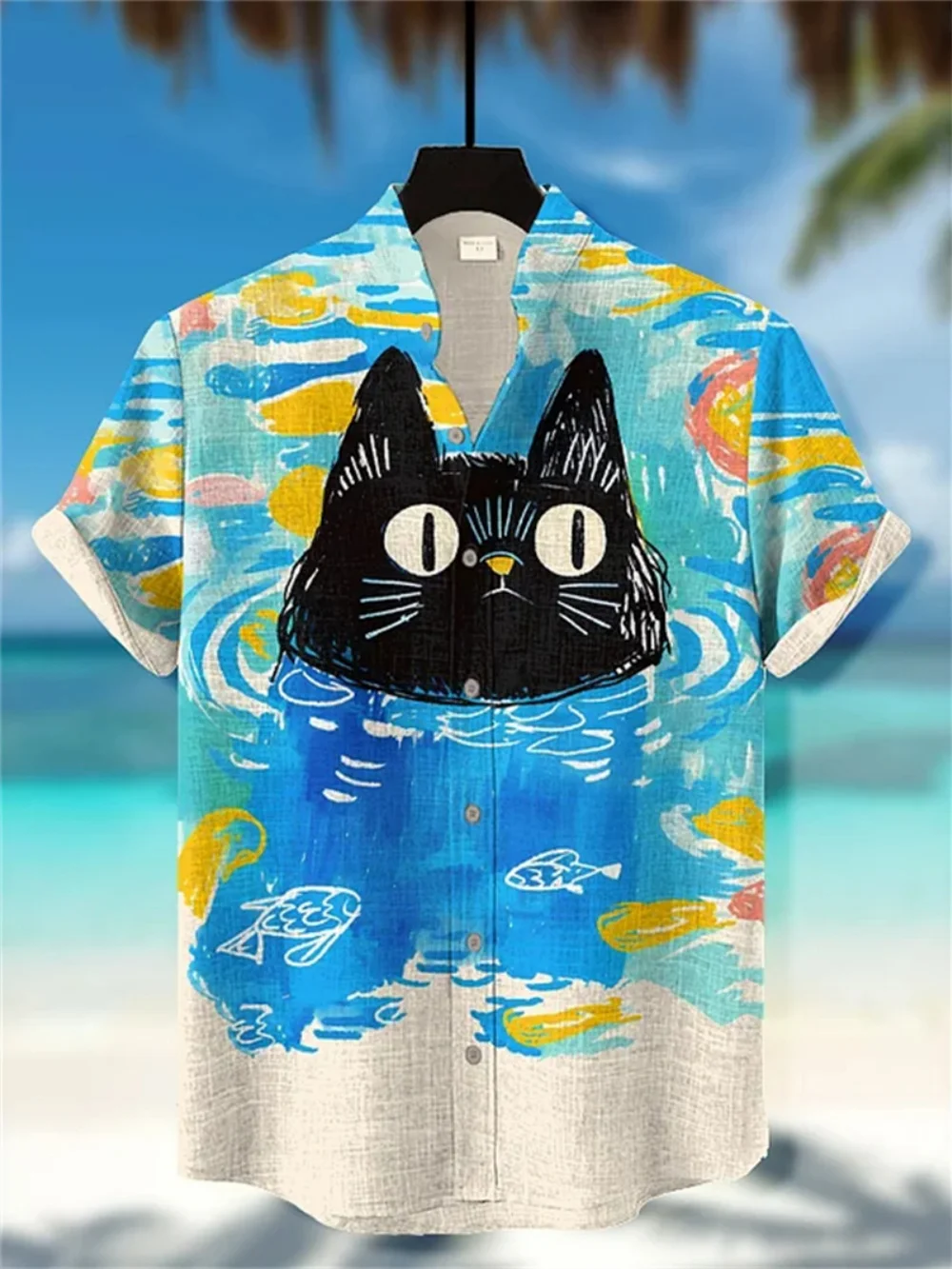 chemise en lin imprimé chat kimono de style japonais pour hommes, col montant à la mode, manches courtes, expédition rapide, été chemise en lin imprimé chat kimono de style japonais pour hommes, col montant à la mode, manches courtes, expédition rapide, été