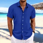Chemise ample décontractée à manches courtes pour hommes, en coton et lin rayé, Jacquard, nouvelle collection