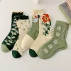 femmes chaussettes coréen style japonais dessin animé fleur verte harajuku mignon kawaii mi tube chaussettes respirant décontracté court coton chaussettes