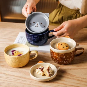 Chat de dessin animé japonais avec couvercle, tasse à café, tasse de petit déjeuner mignonne, tasse à café créative, tasse à lait, tasse d’eau pour Couple avec couvercle Chat de dessin animé japonais avec couvercle, tasse à café, tasse de petit déjeuner mignonne, tasse à café créative, tasse à lait, tasse d’eau pour Couple avec couvercle