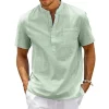 chemise en coton et lin pour hommes, col henley, poche, décontractée, plage, manches courtes, couleur unie, hauts t shirts, vintage, streetwear