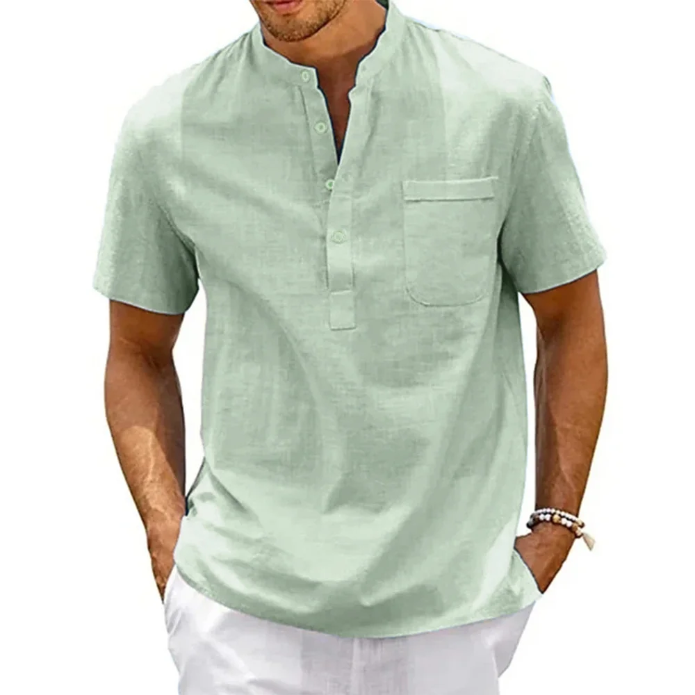chemise en coton et lin pour hommes, col henley, poche, décontractée, plage, manches courtes, couleur unie, hauts t shirts, vintage, streetwear chemise en coton et lin pour hommes, col henley, poche, décontractée, plage, manches courtes, couleur unie, hauts t shirts, vintage, streetwear
