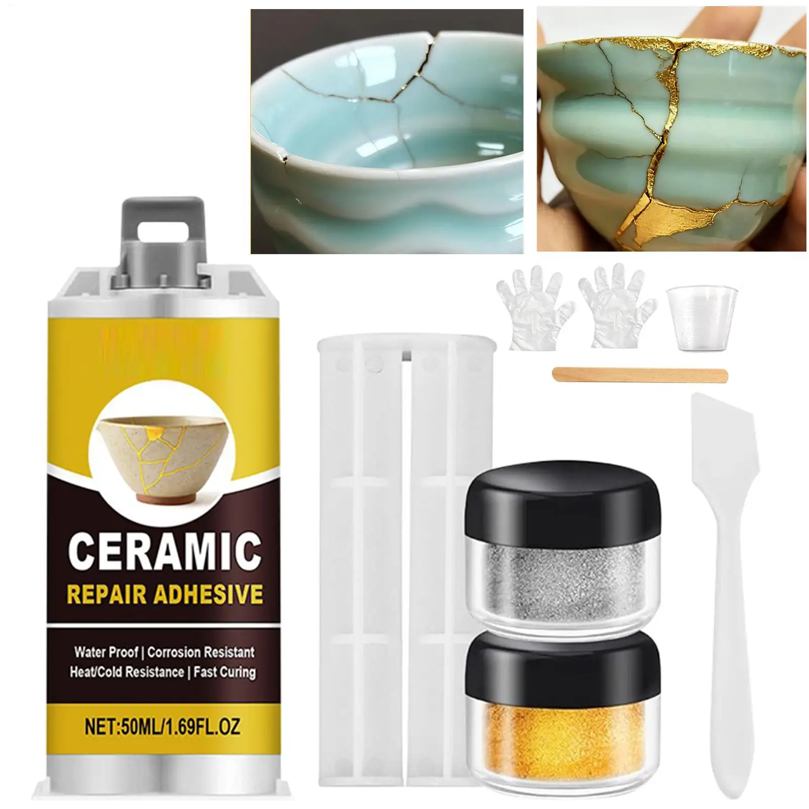 Kit de réparation en céramique Kintsugi japonais, adhésif doré sûr aux aliments, pour poterie cassée, artisanat d’art, restauration de Sculpture de baignoire Kit de réparation en céramique Kintsugi japonais, adhésif doré sûr aux aliments, pour poterie cassée, artisanat d’art, restauration de Sculpture de baignoire