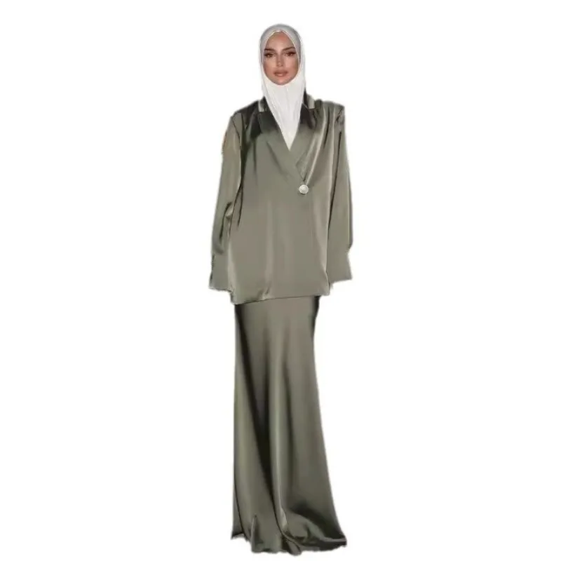 ensemble 2 pièces en satin pour femmes musulmanes, élégant, solide, blazer, col, manteau, jupes longues, ensemble assorti, nouveau streetwear populaire, printemps 2025 ensemble 2 pièces en satin pour femmes musulmanes, élégant, solide, blazer, col, manteau, jupes longues, ensemble assorti, nouveau streetwear populaire, printemps 2025