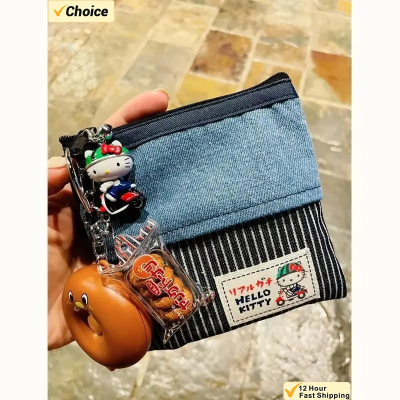 Kawaii Sanrio Hello Kitty Denim Patchwork fille sac de maquillage rouge à lèvres casque sac Portable Kitty chat modèle Anime zéro portefeuille Kawaii Sanrio Hello Kitty Denim Patchwork fille sac de maquillage rouge à lèvres casque sac Portable Kitty chat modèle Anime zéro portefeuille