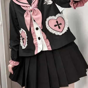 Ensemble deux pièces japonais Kawaii pour femmes, chemisier en dentelle brodée de chat esthétique, grunge + mini jupes plissées dégradées, tenue trempée, Y2K