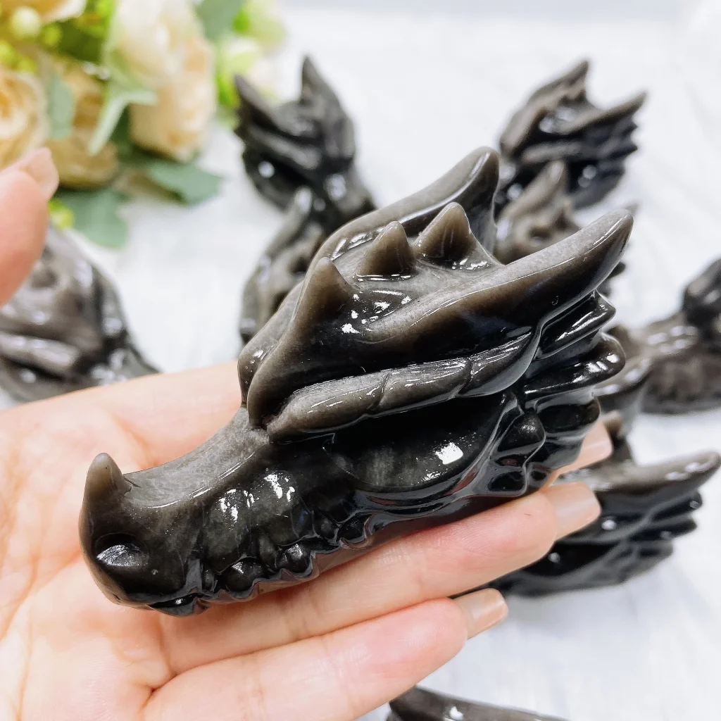 Statue de tête de dragon en obsidienne argentée, pierre précieuse naturelle, figurine de crâne d&rsquo;animal sculptée, ornement de chambre Reiki, décoration de la maison, 3 en effet