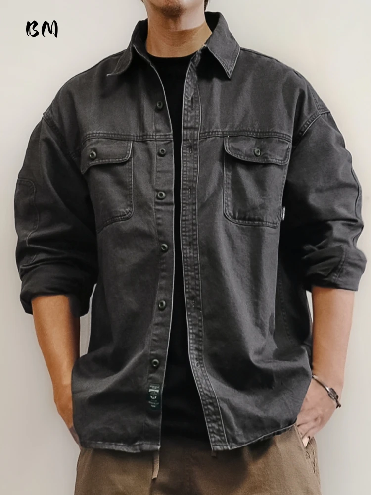  Chemise de travail japonaise Vintage délavée pour hommes, sergé de coton épais, manches longues, surdimensionnée, décontractée, haut de haute qualité Chemise de travail japonaise Vintage délavée pour hommes, sergé de coton épais, manches longues, surdimensionnée, décontractée, haut de haute qualité
