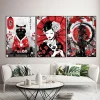 affiche d'esprit japonais moderne noir et rouge, geisha samouraï chat mont fuji, peinture sur toile, art mural pour décoration de salon et de maison