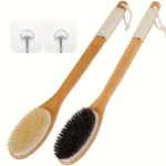 Brosse de bain en bambou incurvée à long manche, brosse corporelle antidérapante pour exfolier, épurateur de douche à poils naturels pour un usage du dos humide ou D