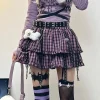 ensemble deux pièces gothique japonais harajuku y2k pour femmes, sweat à capuche rayé à épaules dénudées + jupes à gâteau à carreaux punk, ensemble de sous culture pour fille chaude