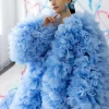 incroyable bleu ciel volumineux tulle longues vestes volants garni tulle manches longues femmes gilet vêtements d'extérieur tenue maxi robe personnalisée