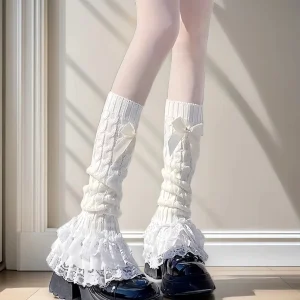 Femmes japonaises tricotées jambières arc à plusieurs niveaux chaussettes à volants fille dentelle Lolita chaussettes COS habiller mignon empilé chaussettes JK Tube central