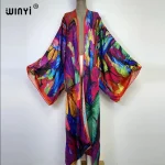 WINYI Catwalk Kimono femmes imprimé bulle ourlet manteau à manches longues Cardigan abaya dubaï luxe maillots de bain couvrir boho robe Caftan