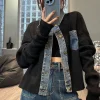 Manteau en Jean tricoté pour femme, veste courte en Denim gris pour femme, petit Patchwork, vêtements d&rsquo;extérieur noirs, Harajuku Y2k, mode coréenne, offres