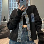 Manteau en Jean tricoté pour femme, veste courte en Denim gris pour femme, petit Patchwork, vêtements d&rsquo;extérieur noirs, Harajuku Y2k, mode coréenne, offres