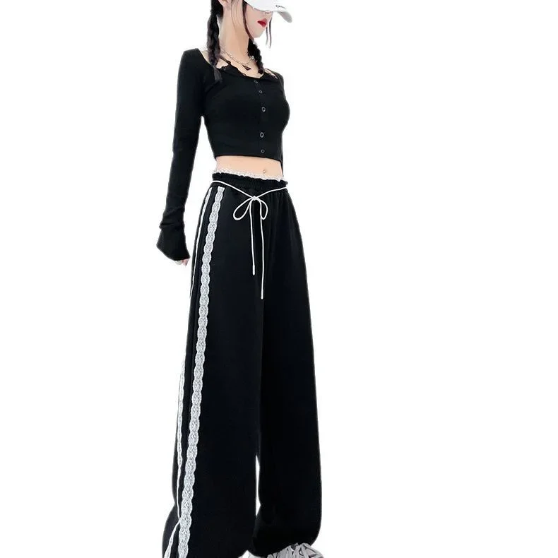 pantalon décontracté en dentelle noire pour femmes, taille haute, jambes larges, ample, nouveau style, pantalon sportif polyvalent, printemps été pantalon décontracté en dentelle noire pour femmes, taille haute, jambes larges, ample, nouveau style, pantalon sportif polyvalent, printemps été