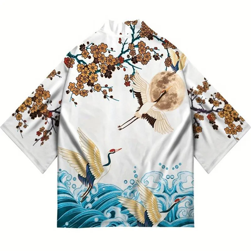 cardigan kimono japonais yukata samouraï pour hommes et femmes, chemise imprimée grue, plage haori harajuku obi, style chinois, streetwear asiatique 5xl cardigan kimono japonais yukata samouraï pour hommes et femmes, chemise imprimée grue, plage haori harajuku obi, style chinois, streetwear asiatique 5xl