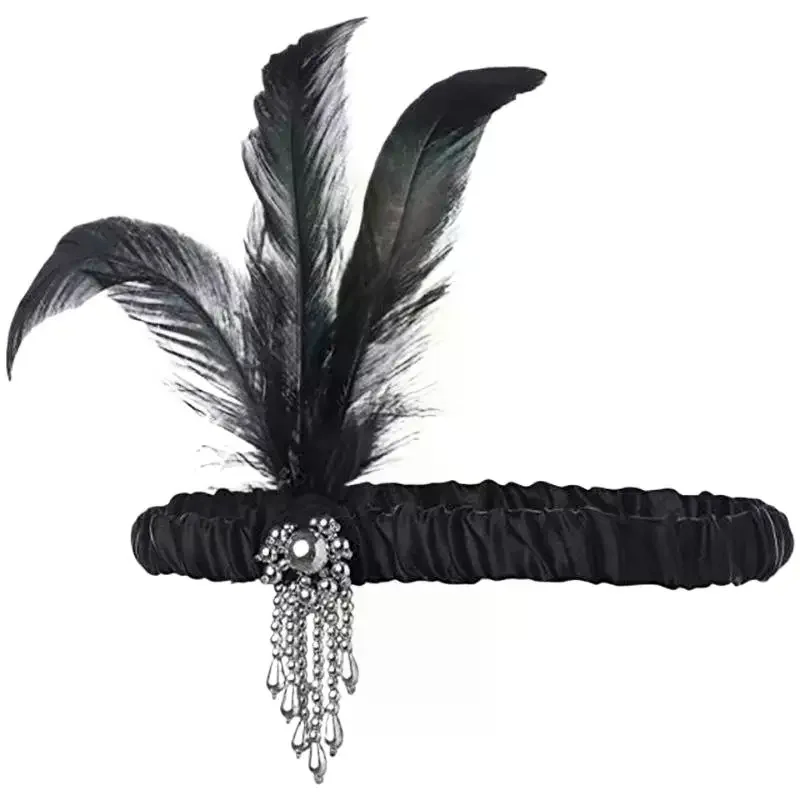accessoires pour cheveux noirs pour femmes, bandeau perlé rétro gatsby des années 1920, couvre chef de fête unique pour dames, bandeau en plumes accessoires pour cheveux noirs pour femmes, bandeau perlé rétro gatsby des années 1920, couvre chef de fête unique pour dames, bandeau en plumes