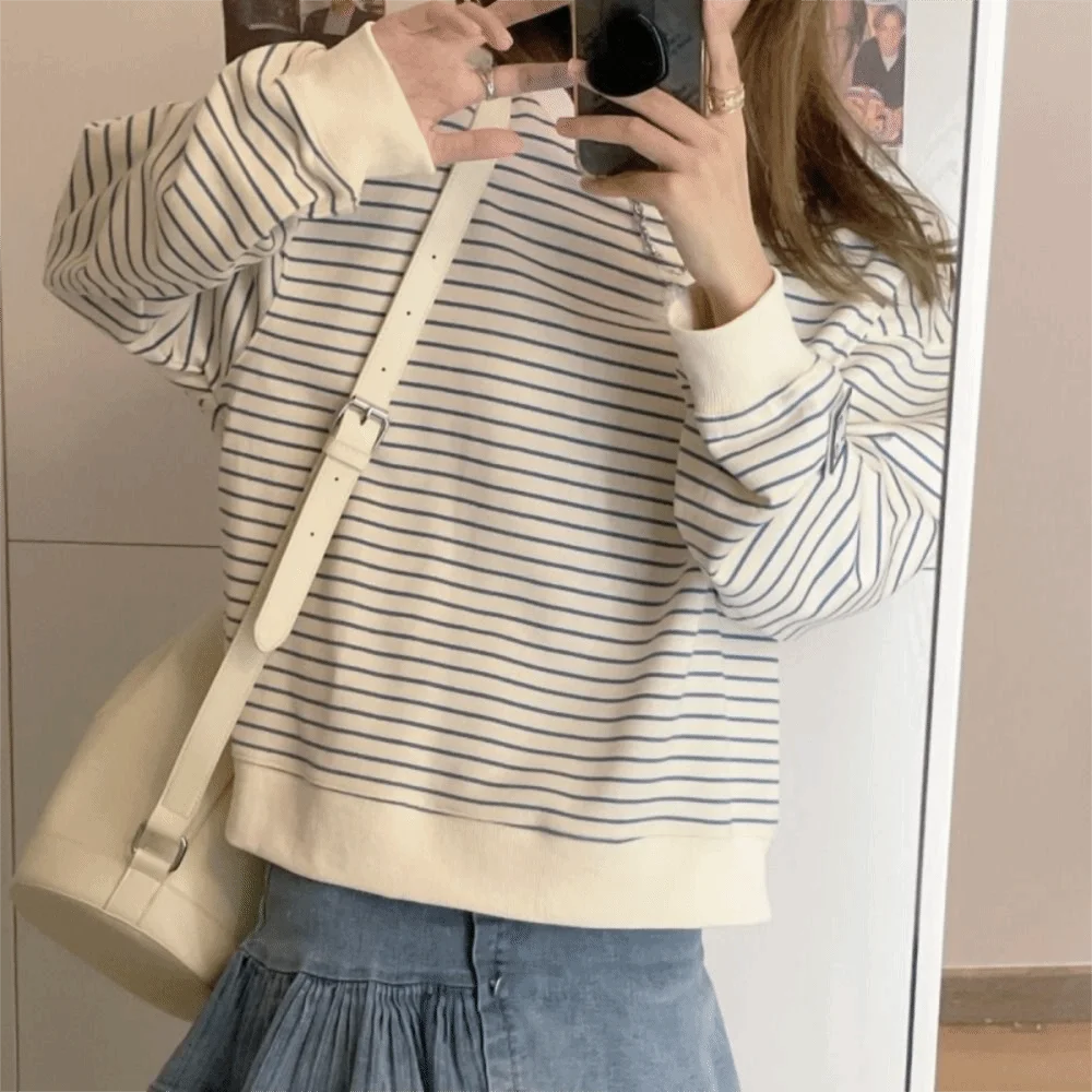 Sweat-shirt à capuche rayé Harajuku Y2k, ample, surdimensionné, manches longues, Streetwear, col en v, pour femmes étudiantes Sweat-shirt à capuche rayé Harajuku Y2k, ample, surdimensionné, manches longues, Streetwear, col en v, pour femmes étudiantes