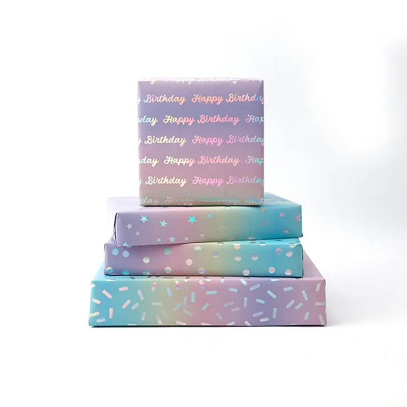 ensemble de rouleaux de papier d'emballage holographique, emballage cadeau en feuille arc en ciel brillant irisé avec points, confettis et lettrage joyeux anniversaire ensemble de rouleaux de papier d'emballage holographique, emballage cadeau en feuille arc en ciel brillant irisé avec points, confettis et lettrage joyeux anniversaire