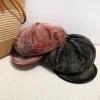bérets octogonaux japonais en velours côtelé brodé pour femmes, mignon, décontracté, polyvalent, visage, petit chapeau de peintre rétro, printemps automne