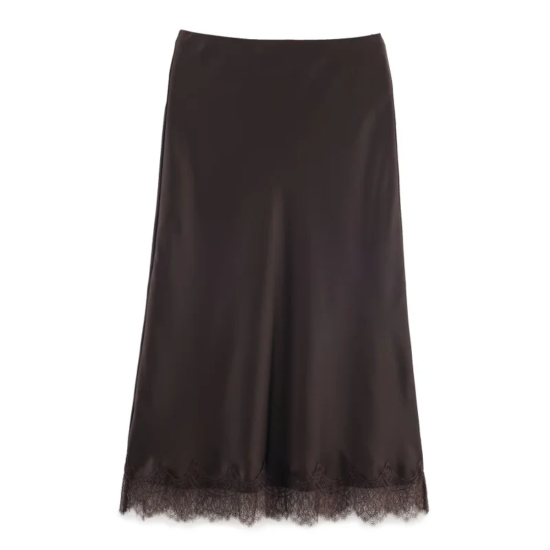 jupe longue en satin pour femmes, simple, ourlet en dentelle, décoration, taille élastique, mi longue, élégante, chic, vêtements, nouvelle collection automne 2025 jupe longue en satin pour femmes, simple, ourlet en dentelle, décoration, taille élastique, mi longue, élégante, chic, vêtements, nouvelle collection automne 2025